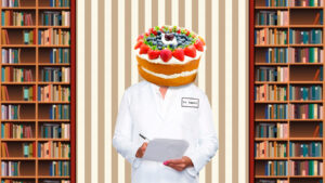 Imagen collage de un médico con bata que tiene una cabeza en forma de pastel de cumpleaños y en la mano una hoja y lapicera y de fondo una biblioteca con libros