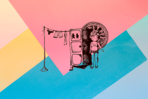 Ilustración con fondo de papeles superpuestos en colores pasteles. Sobre ellos un dibujo de un cuerpo feminizado junto a un placard y un perchero.