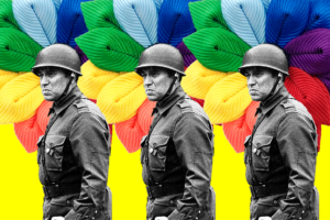 Collage ilustración con flores de papel con pétalos de colores de la bandera del orgullo y la imagen de Antonio Domingo Bussi joven