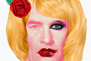 Collage de un rostro feminizado con una flor de tela como sujetador de cabello rubio.
