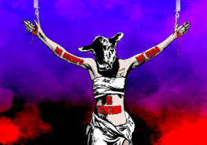 Ilustración de portada que muestra un cuerpo femenino cruxificado con una cabeza de vaca de matadero. En sus brazos y abdomen se lee la leyenda, mi cuerpo, mi vida, mi territorio.
