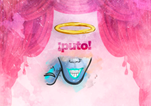 Portada de "Hacia un teatro puto y santo" de Guillermo Katz. Imagen de dos máscaras teatrales con una aureola de oro, el fondo es rosa "enmarcado" con cortinas de teatro. En el centro la palabra "puto". Todo tiene una textura de acuarellas.