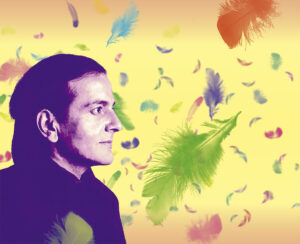 Portada del artículo "La biografía en el ropero: Juan José Hernández, mariconeidad y literatura" de Patricio Dezalot para La Cascotiada. Se ve a Juan José Hernández de perfil y en un tono morado, con plumas volando alrededor y un fondo en tono naranja.