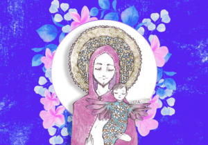 Collage de portada que muestra un hombre vestido como la virgen María sosteniendo un niño cual si fuera el niño Jesus, ambos rodeados de un halo divino de flores.